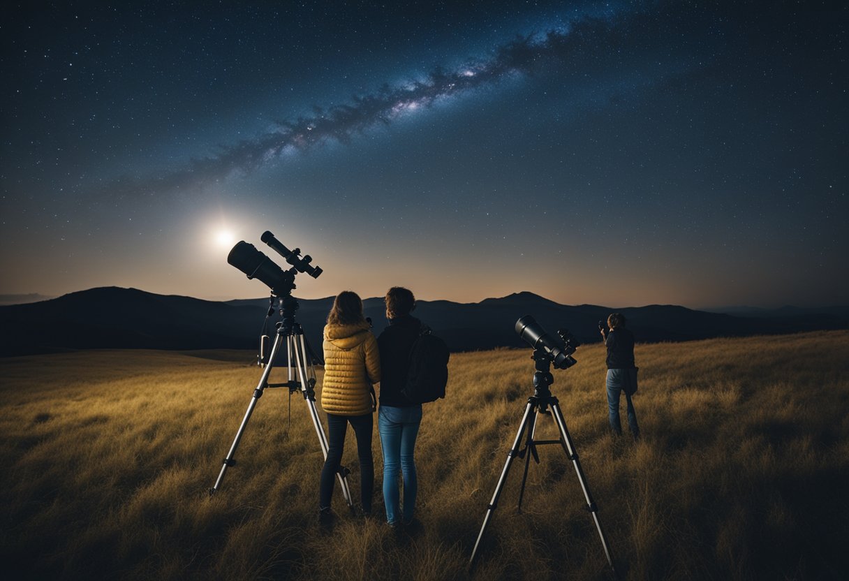 Tourists observing stars through telescopes in a dark, open field