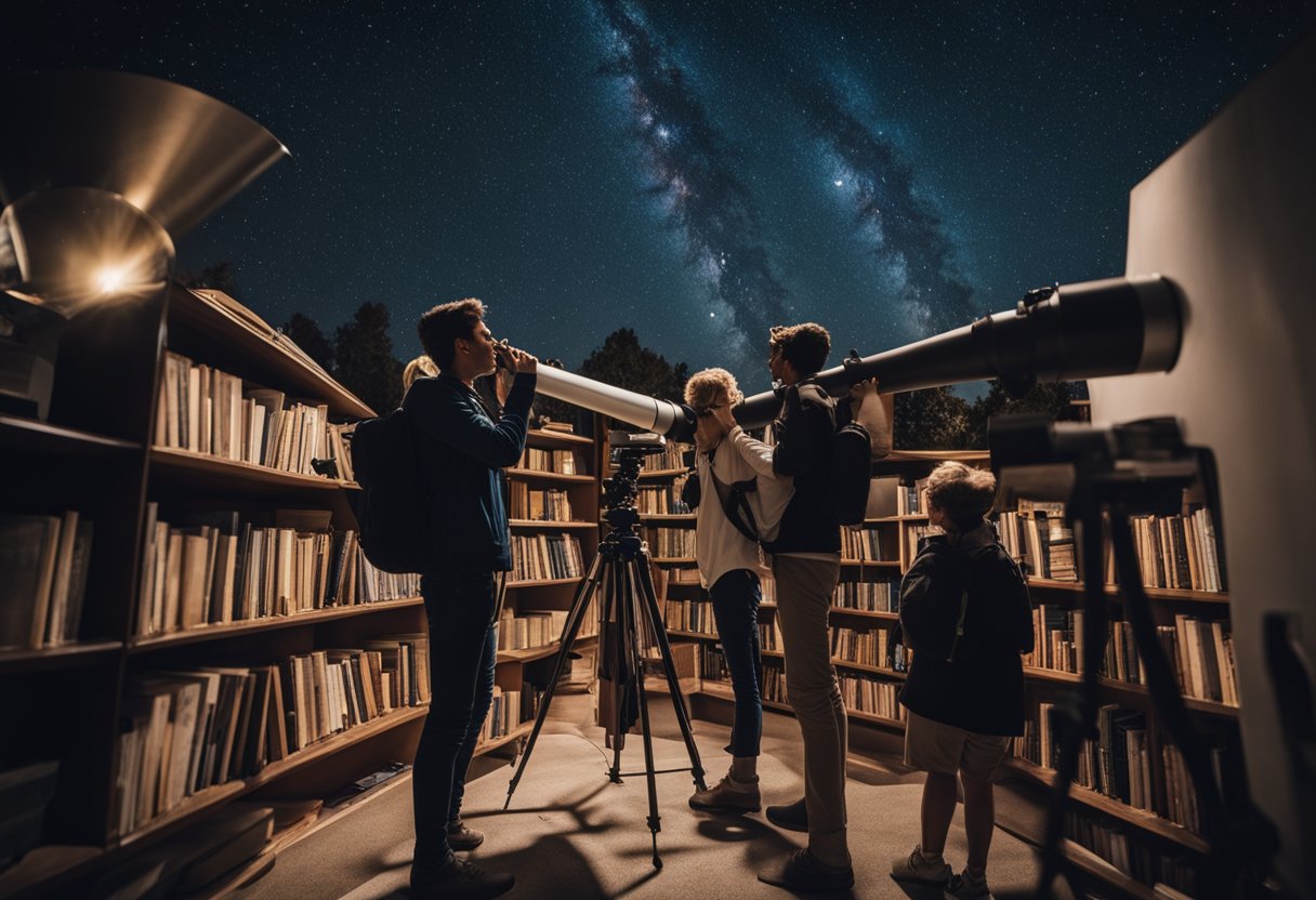 A telescope pointed at stars, surrounded by books on astrophysics, with a group of curious tourists listening to a guide's explanation
