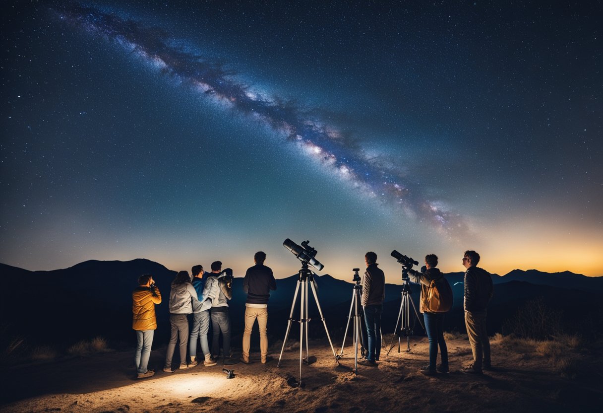 Tourists learning astrophysics under a starry night sky. Telescopes and educational materials surround them