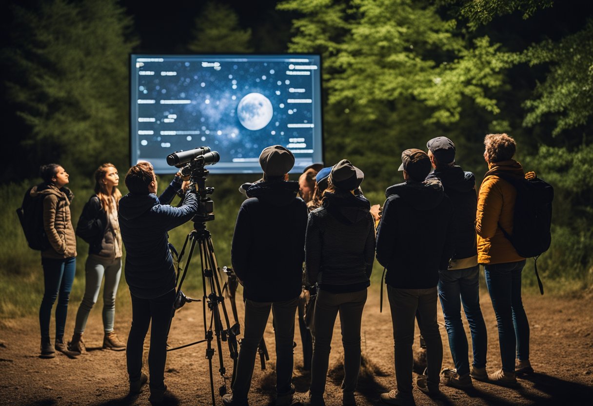 A group of tourists gather around a knowledgeable guide pointing to the night sky, explaining various astrophysical phenomena. Telescopes and charts are scattered around as the group eagerly listens and learns