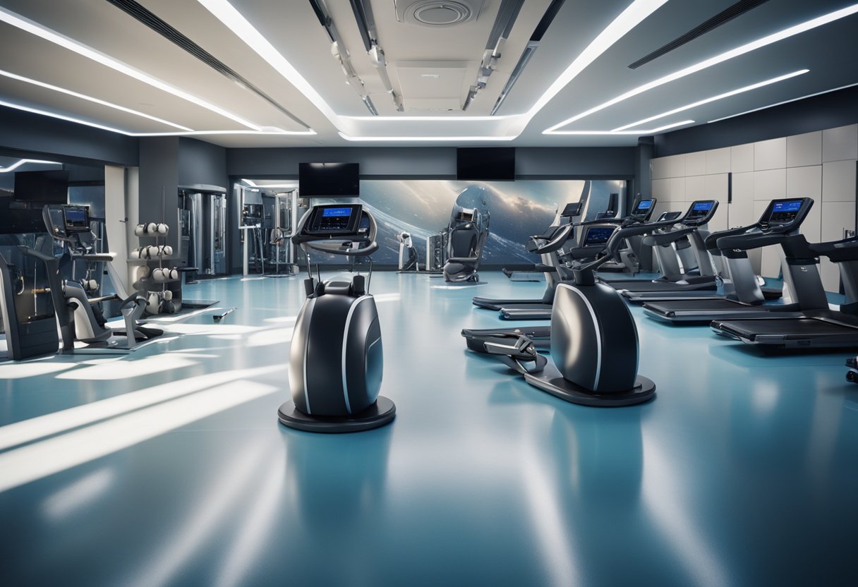 A space-themed gym with futuristic equipment and zero-gravity simulators