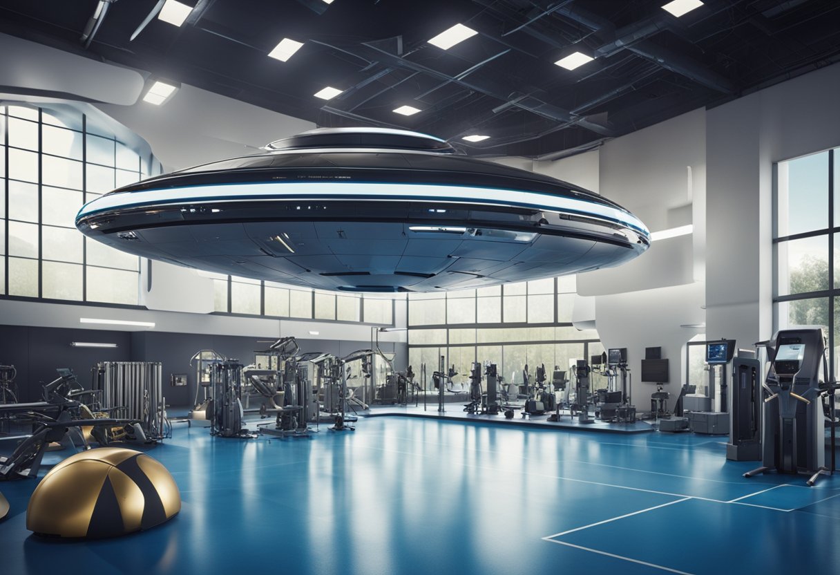 A sleek, futuristic spacecraft hovers above a state-of-the-art gym, where aspiring space tourists train rigorously under the guidance of aerospace engineers