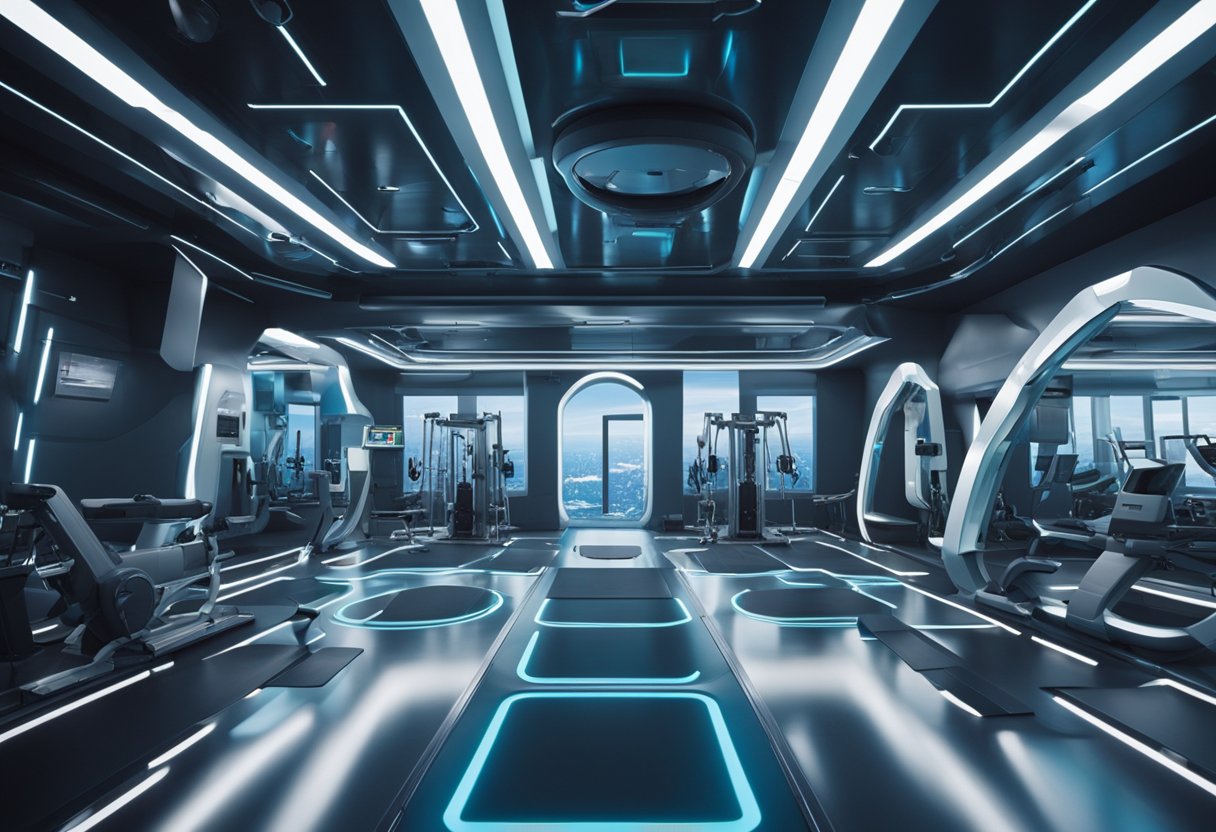 A futuristic gym in a space station, with floating exercise equipment and virtual reality simulations of zero-gravity workouts