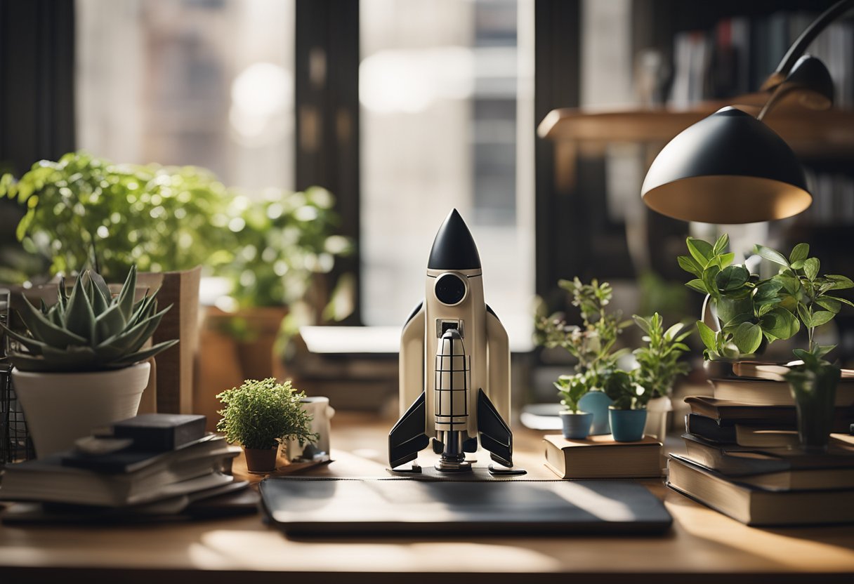 A cluttered desk transforms into an organized workspace, with plants and books symbolizing personal growth. A rocket model sits on the shelf, representing the journey of self-discovery