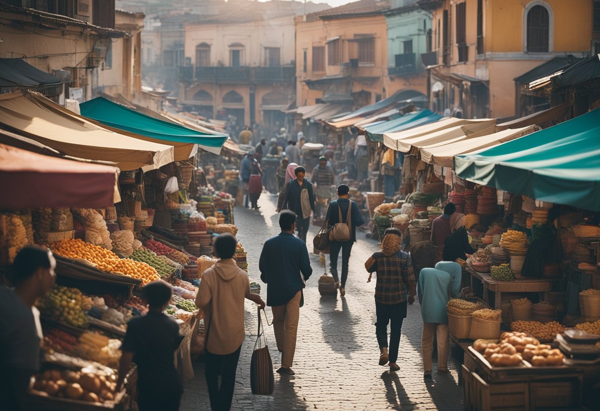 A bustling marketplace with diverse vendors exchanging goods, surrounded by colorful buildings and local residents going about their daily activities