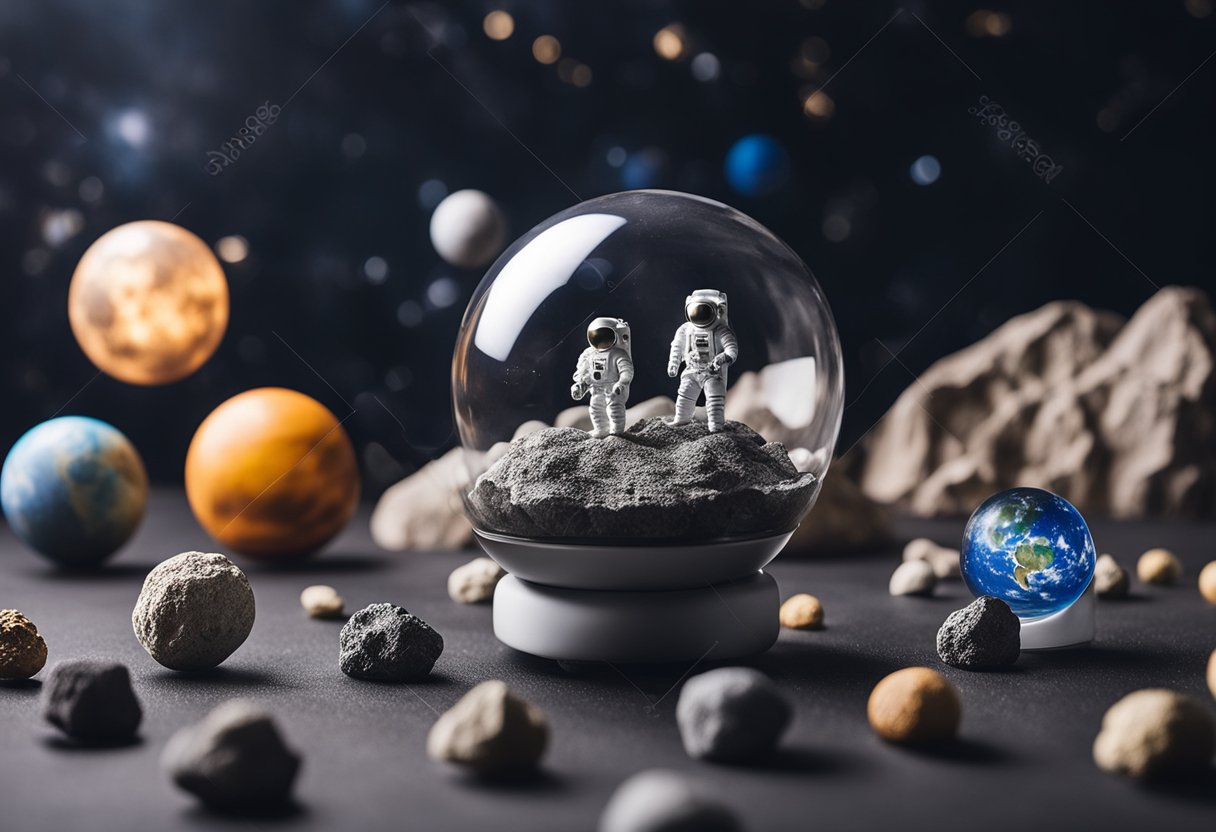 A table covered in space-themed souvenirs: moon rocks, astronaut helmets, and a model of the solar system