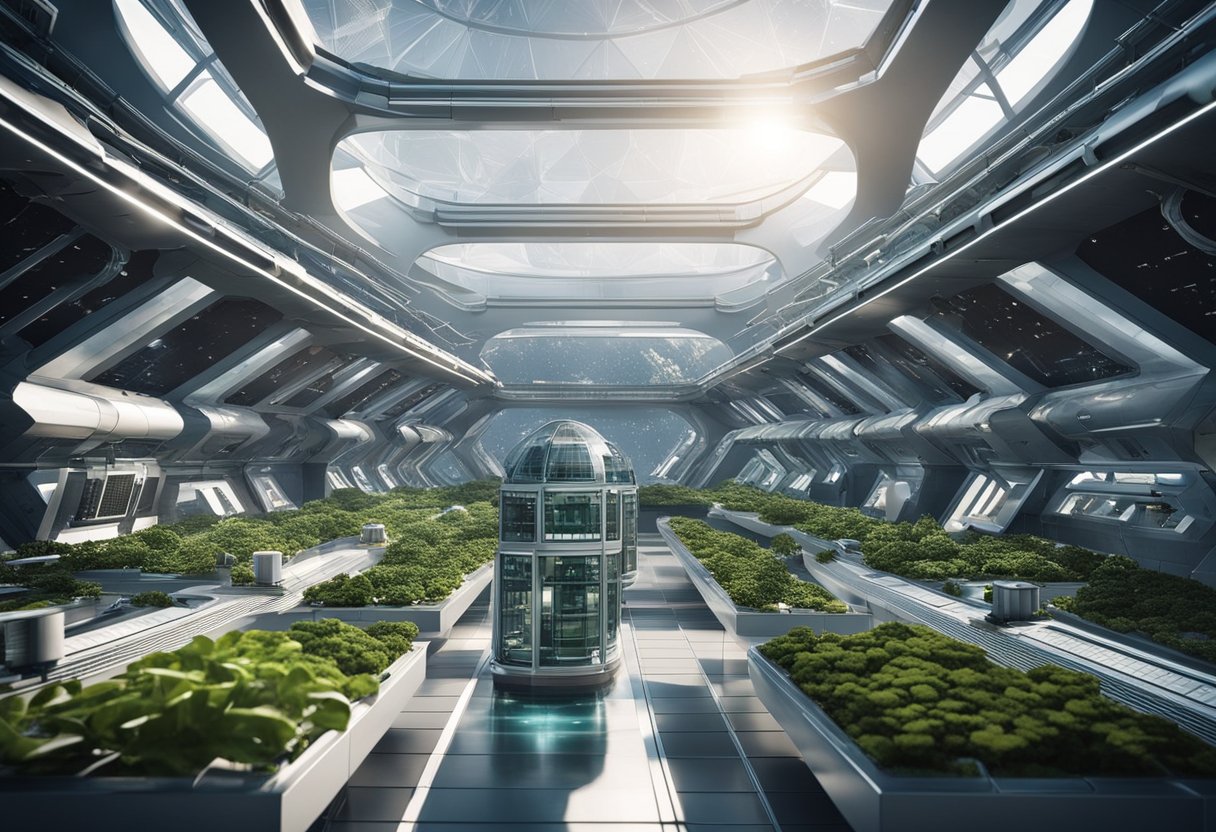 A futuristic space colony with advanced materials, sleek architecture, and high-tech infrastructure. Solar panels, hydroponic gardens, and spacecraft docking stations are visible