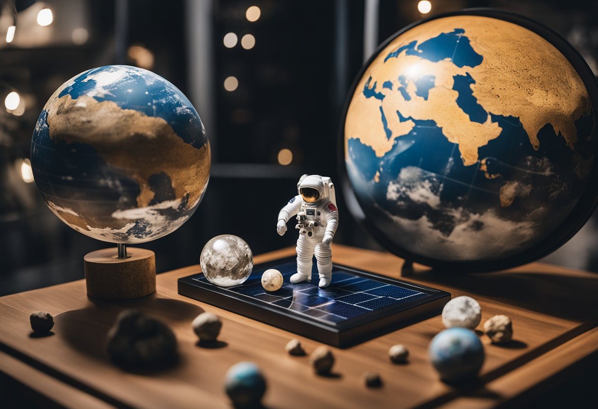 A table with space-themed decor: astronaut figurines, galaxy-printed pillows, and a model of the solar system. A shelf displays moon rock replicas and a framed photo of Earth from space
