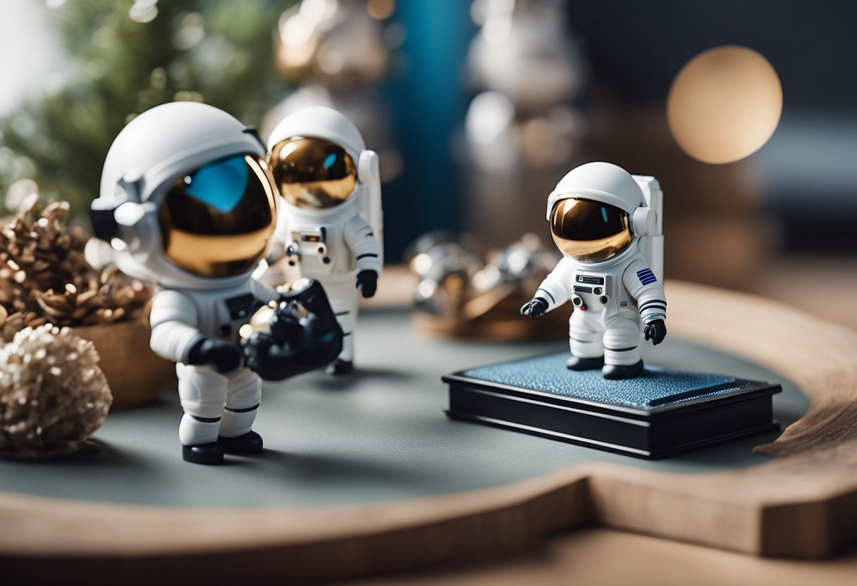 Astronauts presenting space souvenirs on a table for gifting