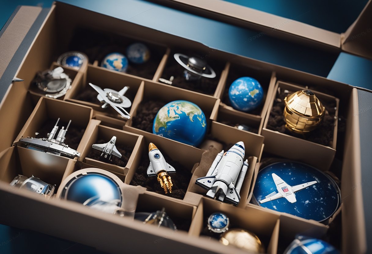Various space-themed souvenirs neatly packed into a sturdy, labeled box. The box is being loaded onto a spacecraft for transport back to Earth