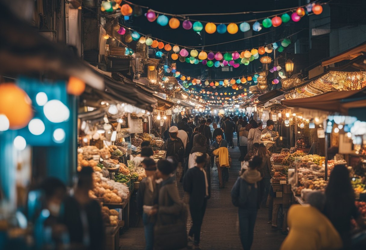 A bustling market filled with unique space-themed souvenirs and local crafts. Brightly colored stalls line the streets, offering a variety of items for travelers to bring back home