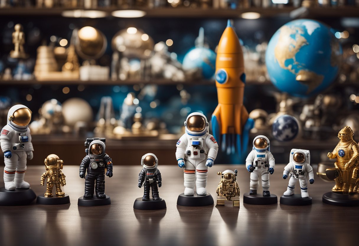 A table displaying various space-themed souvenirs, including mini rocket ships, astronaut figurines, and galaxy-themed trinkets. A sign reads "Practical Advice for Souvenir Shopping Souvenirs from Space: What to Bring Back."