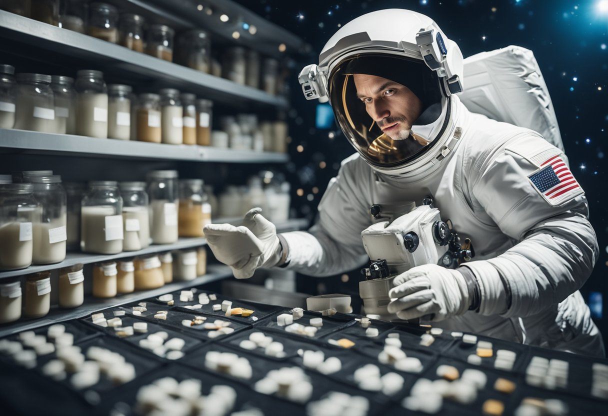 Astronaut collects small, non-living samples in labeled containers from various celestial bodies