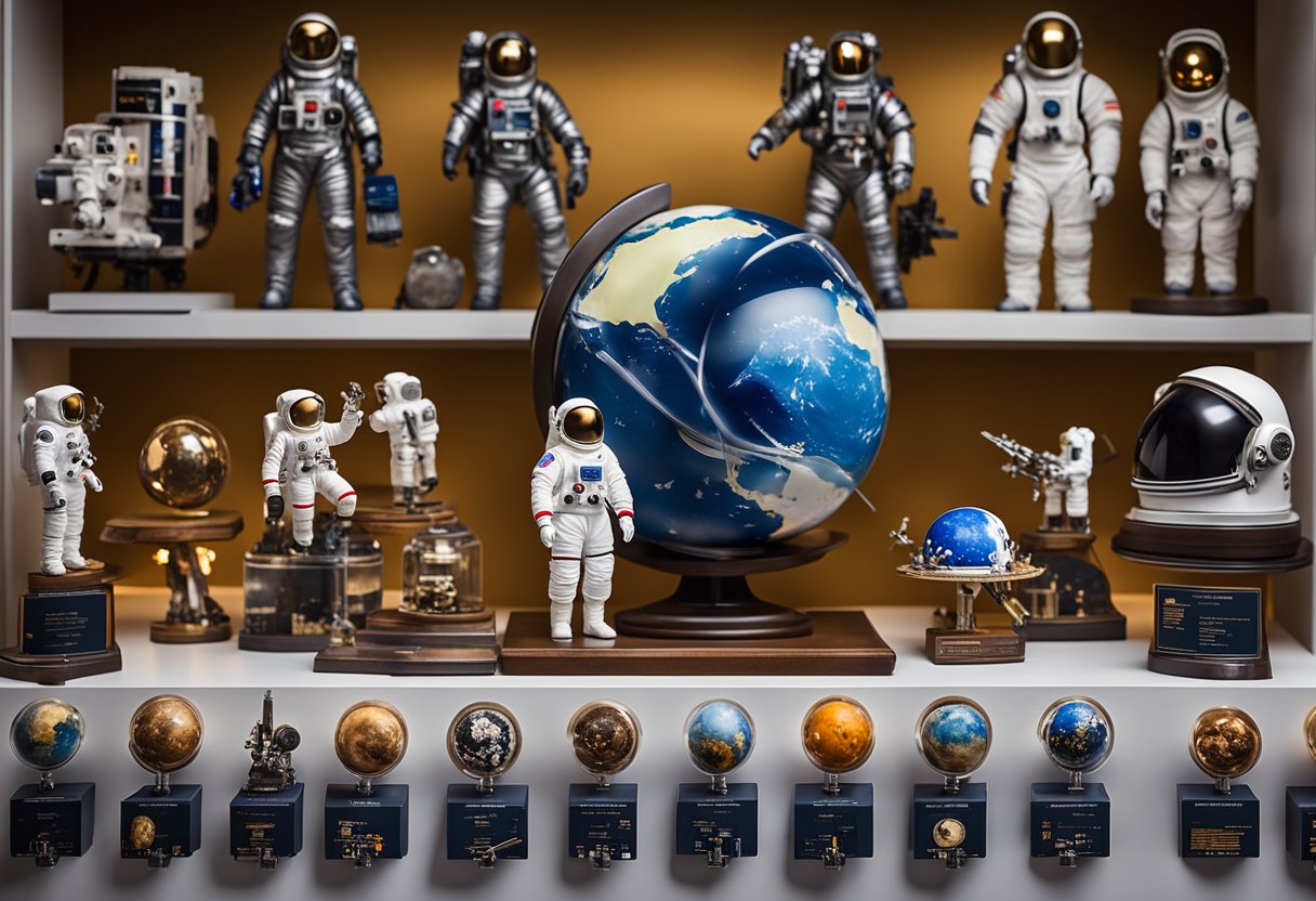 A table with various space-themed souvenirs, including miniature rockets, astronaut figurines, and replica space helmets. A wall display features contact information and resources for obtaining space memorabilia