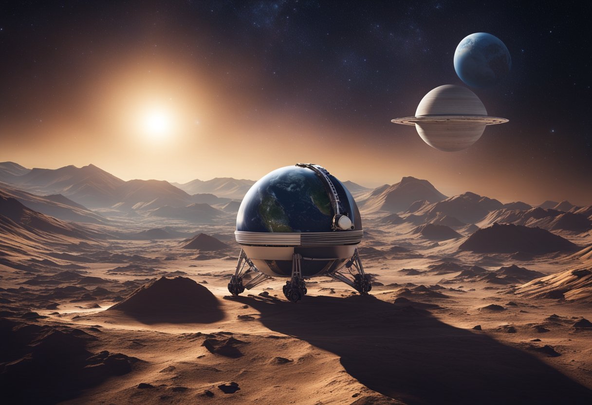 A spacecraft hovers over a distant planet, symbolizing the scientific frontier of space exploration, while an image of Earth in the background represents the ethical and responsible considerations of venturing into the cosmos