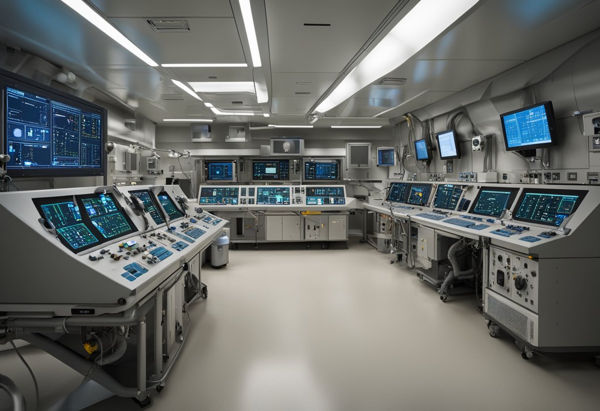 A spacecraft life support system hums with activity, featuring oxygen tanks, water recycling units, and air purification systems. Electrical panels and pipes line the walls, while monitors and control panels display vital data