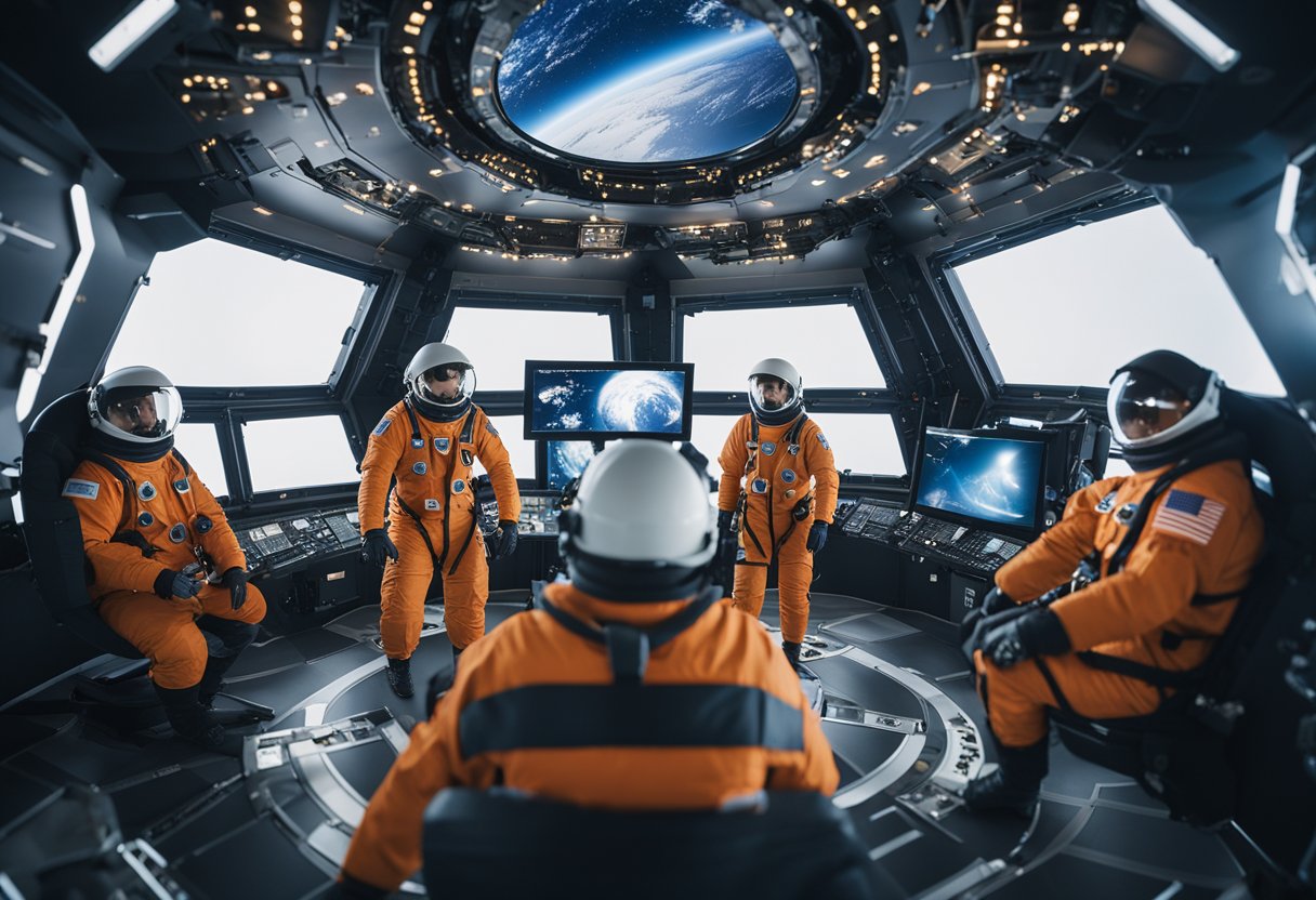 Astronauts in simulation modules, practicing zero-gravity maneuvers and emergency procedures, surrounded by high-tech equipment and virtual reality interfaces