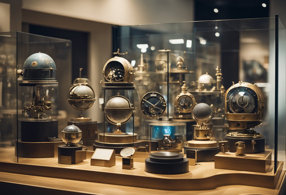 A collection of historical space mission artifacts displayed in a museum exhibit
