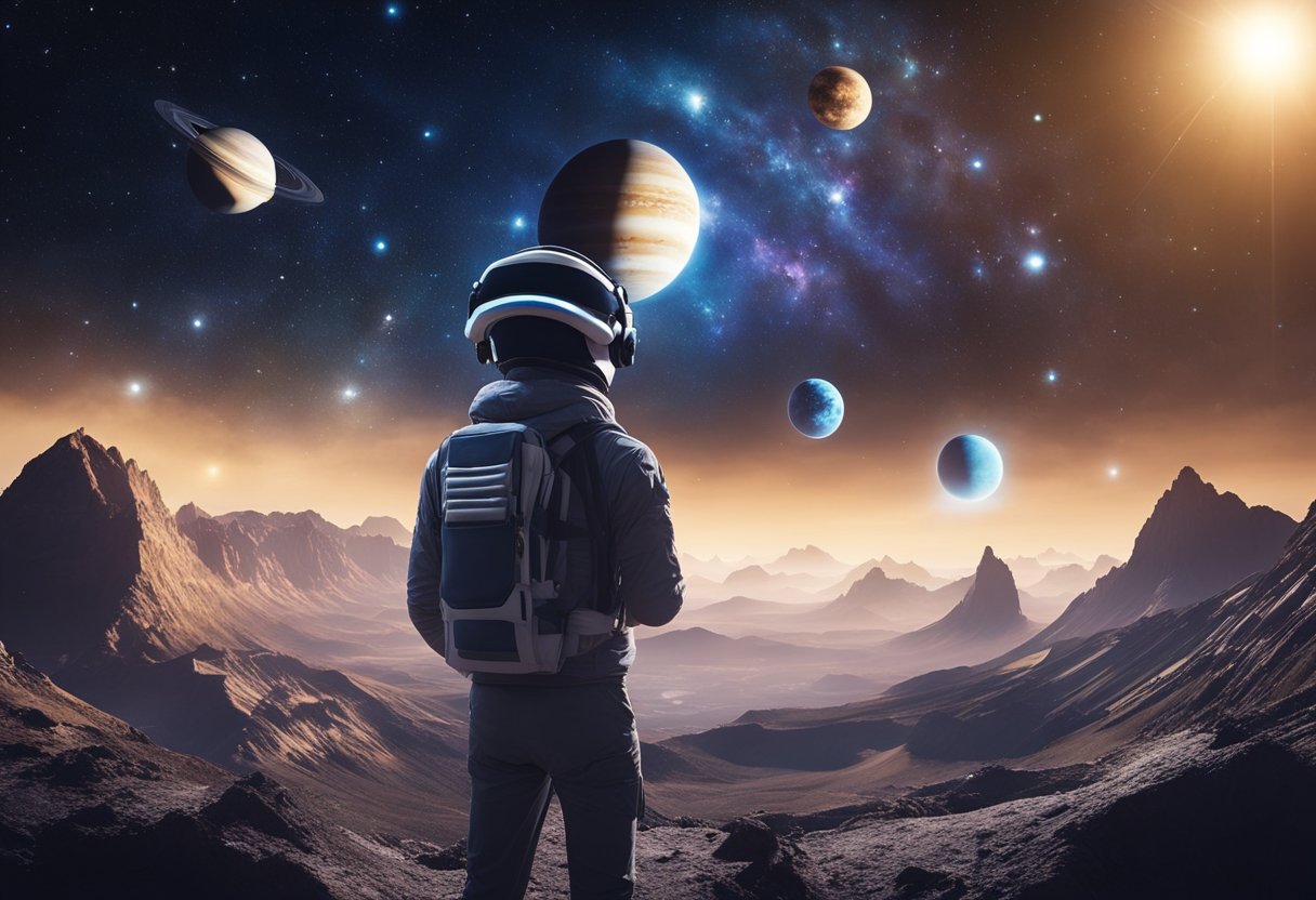 Students explore planets and galaxies in VR, surrounded by stars and cosmic landscapes. A holographic solar system display enhances their understanding of space concepts