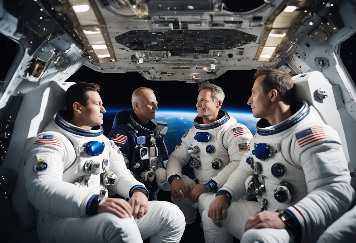 A group of astronauts share their experiences in a weightless environment, surrounded by the vastness of space and the curvature of the Earth below