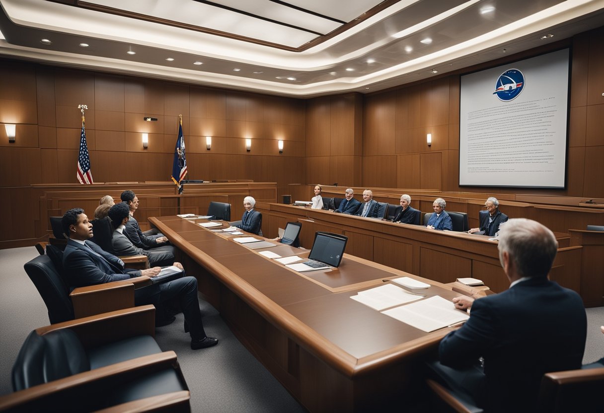 Spaceflight participants give testimonials in a courtroom setting, surrounded by legal documents and regulatory frameworks
