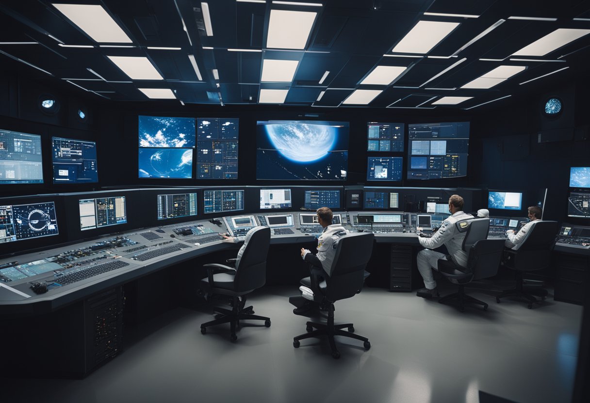 A control room with monitors and consoles, displaying data and visuals of space missions. Astronauts in space suits preparing for launch