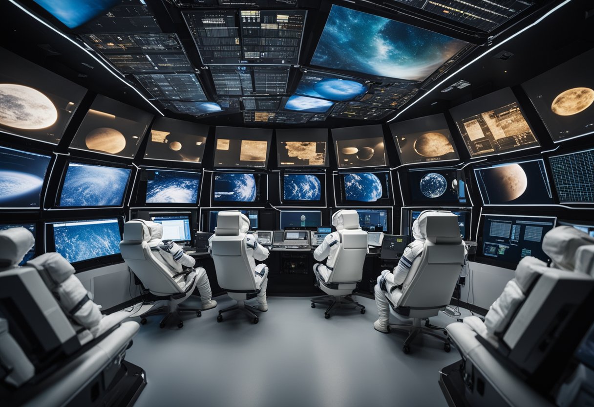 Astronauts in space suits float in a mock spacecraft, surrounded by control panels and screens displaying space views