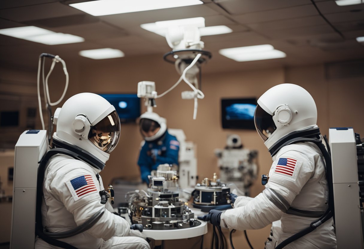 Astronauts in space suits test equipment and conduct experiments in a Mars mission simulation