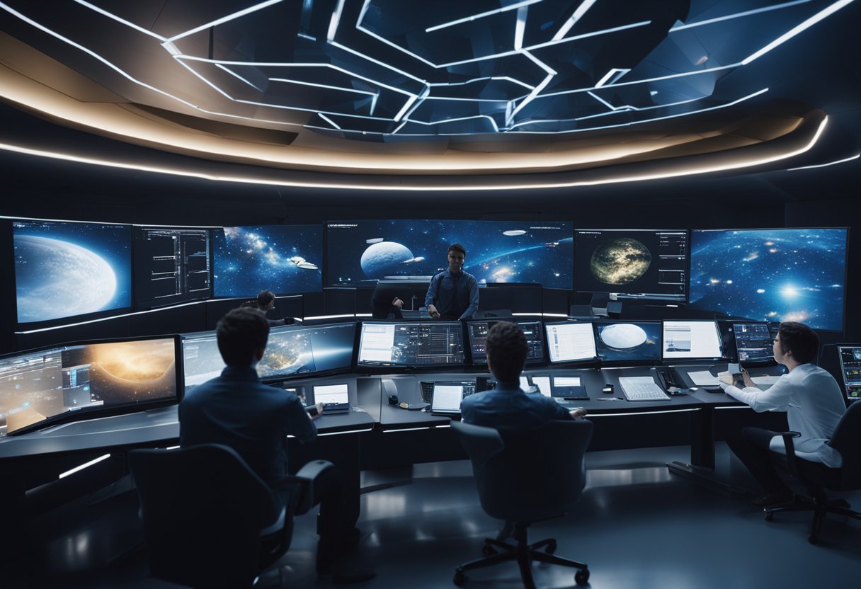 A group of students engage in a realistic space mission simulation, surrounded by high-tech equipment and screens displaying space landscapes and data