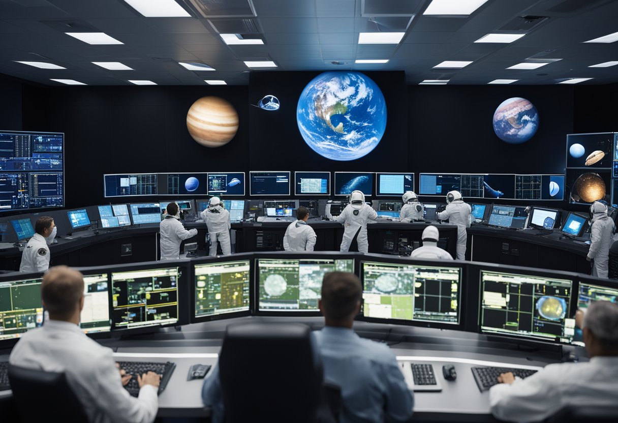 Space agencies and simulation facilities bustling with activity, astronauts in training, control rooms filled with screens and equipment, spacecraft models and mock-up habitats