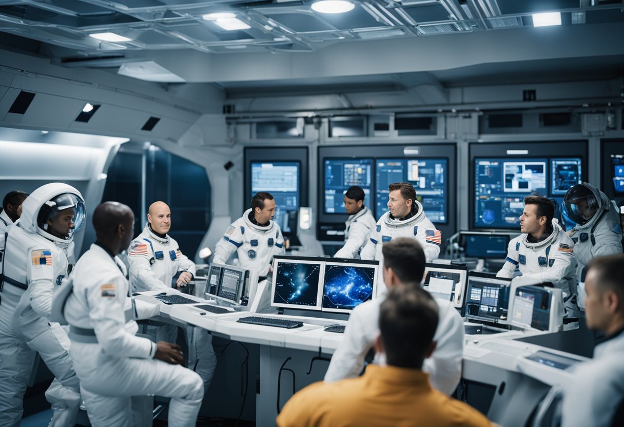 A group of astronauts undergo rigorous training in a high-tech facility, simulating zero-gravity and spacecraft operations