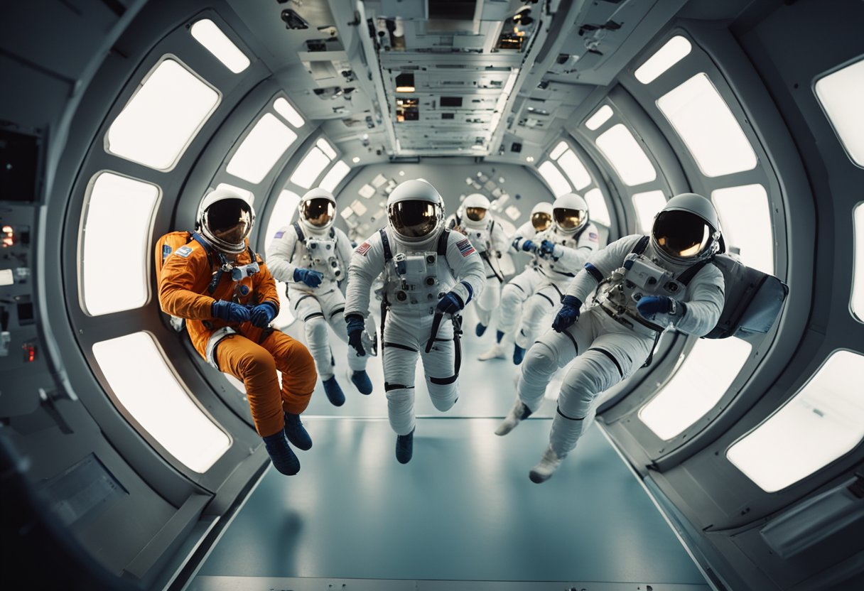 A group of astronauts undergo rigorous training in a state-of-the-art facility, simulating zero gravity and space exploration scenarios