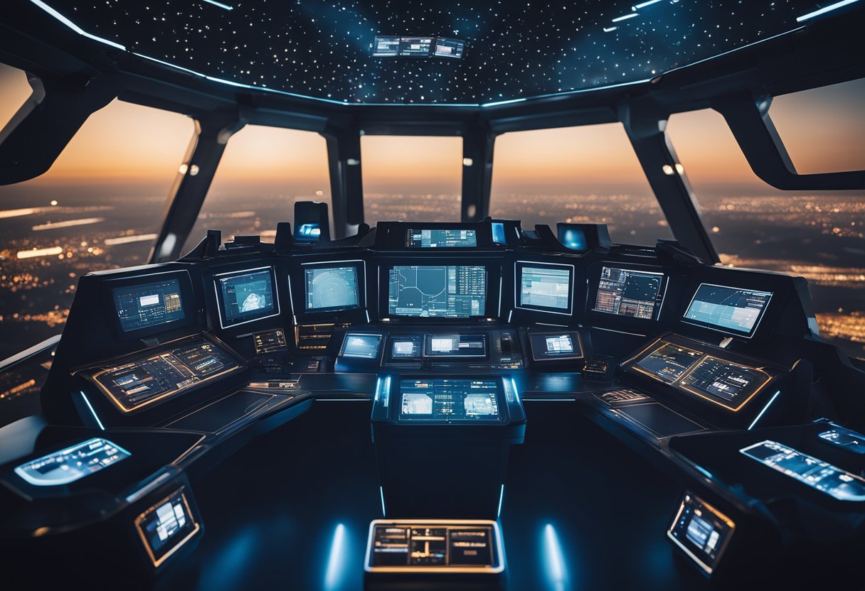 A futuristic space simulator with control panels, screens, and a cockpit. The room is dimly lit with futuristic technology and displays