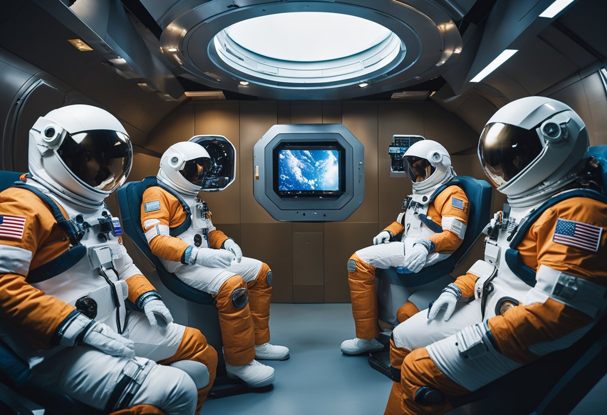 A group of astronauts undergo rigorous training in a high-tech facility, simulating zero gravity and spacecraft operations. The futuristic setting includes advanced equipment and immersive simulations