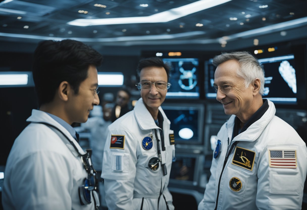 The space station crew and international collaborators interact, discussing policies and exchanging ideas