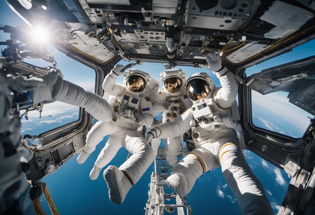 Astronauts floating in zero gravity, exchanging tools and equipment with space station crew