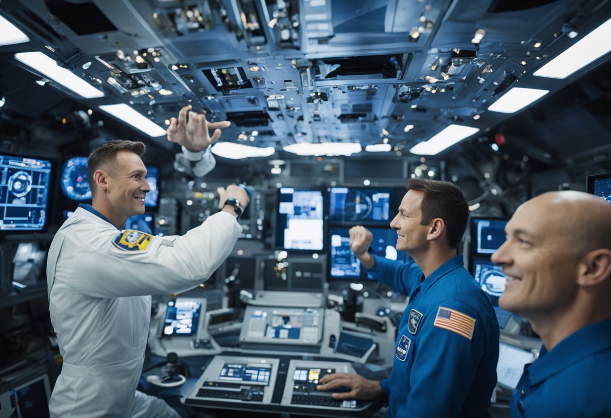 Space station crew members communicate and collaborate, gesturing and using technology in a zero-gravity environment