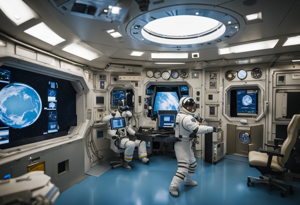 Space station crew practicing emergency scenarios in a realistic training environment