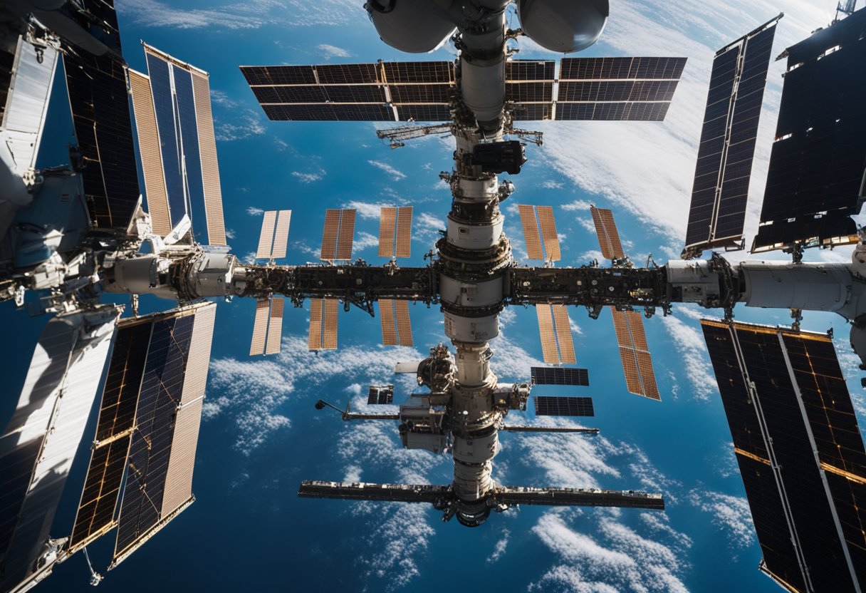 The International Space Station floats in the vastness of space, with crew members visible through the windows as they work and interact with the station's various components