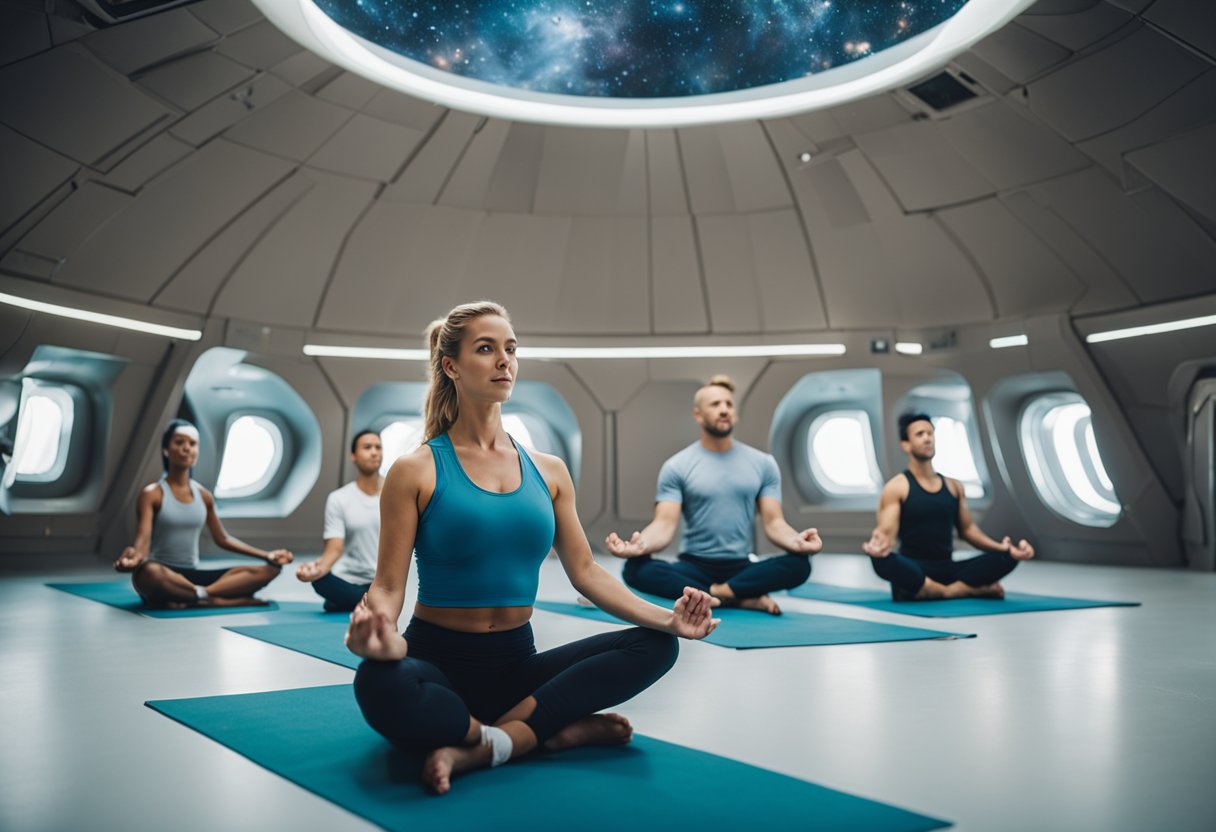 A group of astronauts engage in yoga, meditation, and exercise in a spacious recreational area aboard a spacecraft. Plants and calming colors create a peaceful atmosphere
