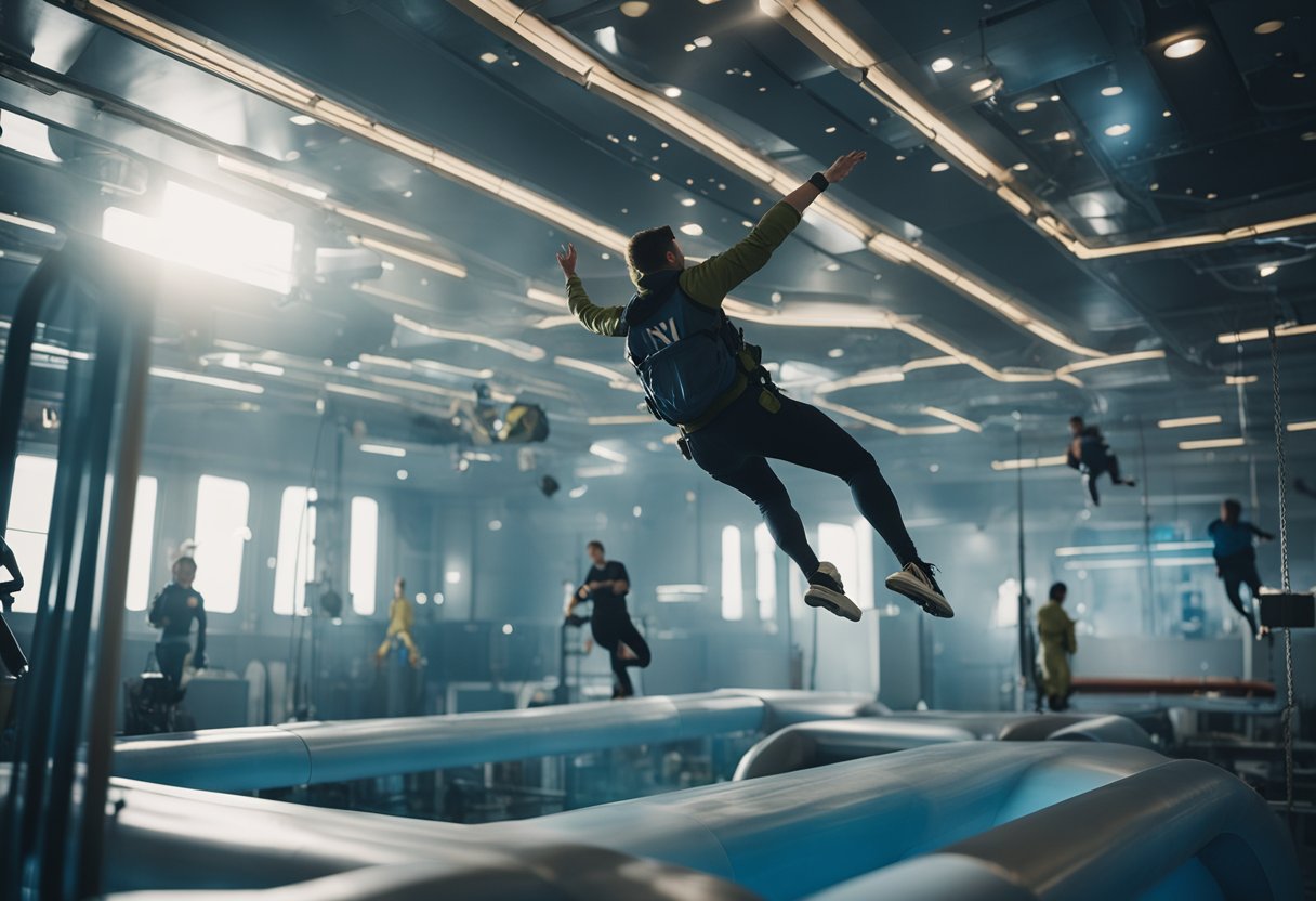 People floating in zero gravity, playing with floating objects and exercising in a space station gym