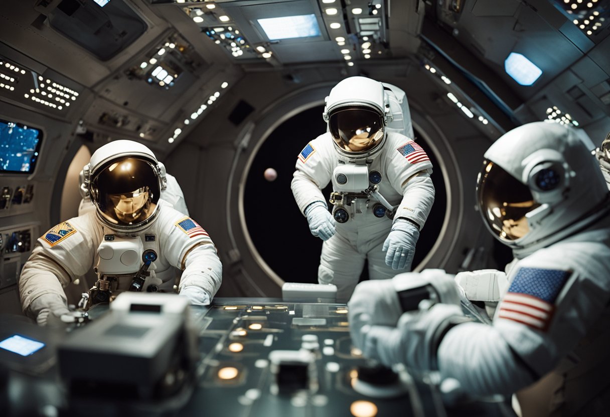 A group of astronauts engage in recreational activities in the zero-gravity environment of space, playing games, exercising, and socializing