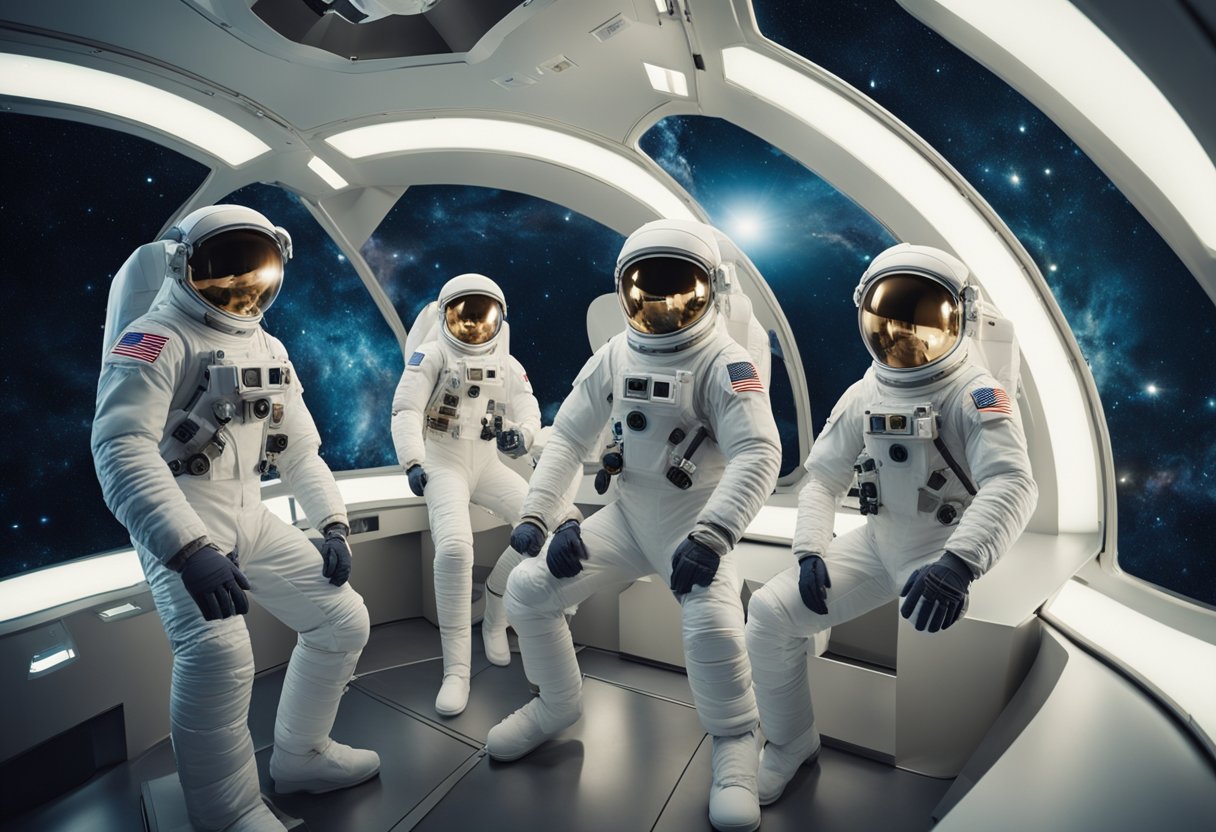 A group of space tourists enjoying recreational activities in a zero-gravity environment, utilizing sustainable resources such as solar-powered equipment and recycled materials