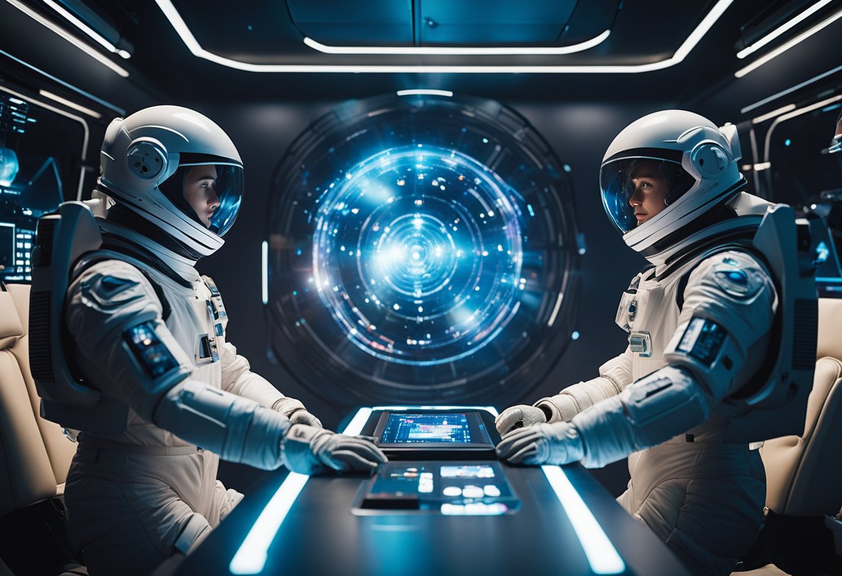 Players in space suits interact with holographic displays, surrounded by floating game elements and futuristic technology