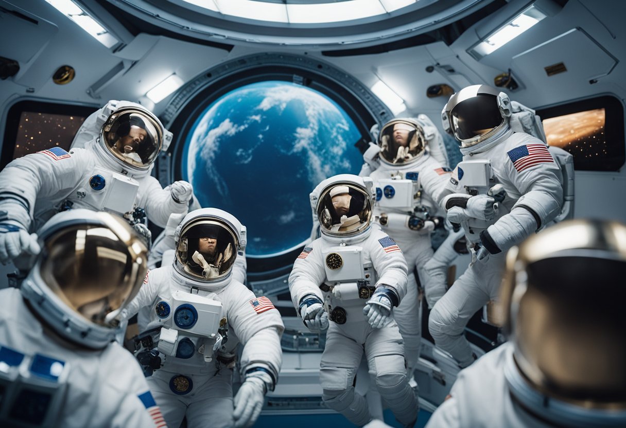 People enjoying recreational activities in space, such as zero-gravity sports or space tourism