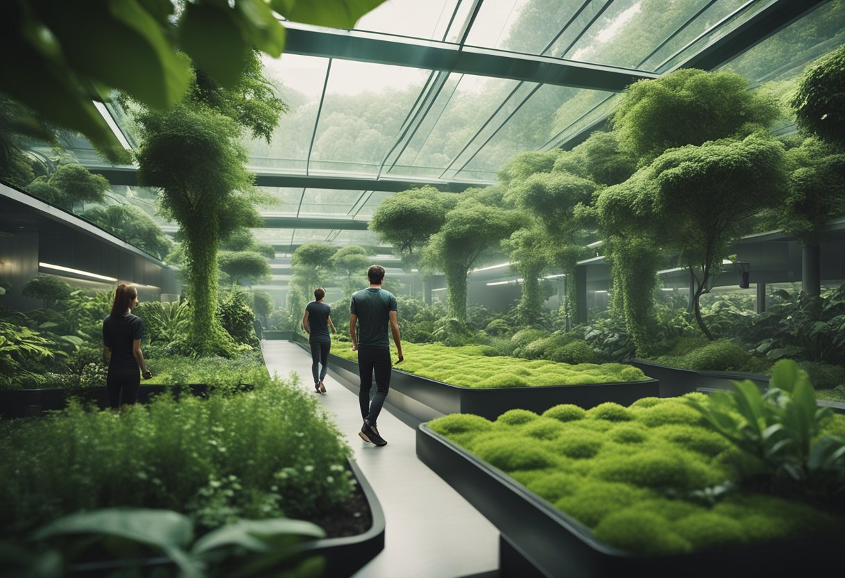 Lush greenery and open spaces in a futuristic space habitat, with people engaging in recreational activities like gardening, walking, and playing sports