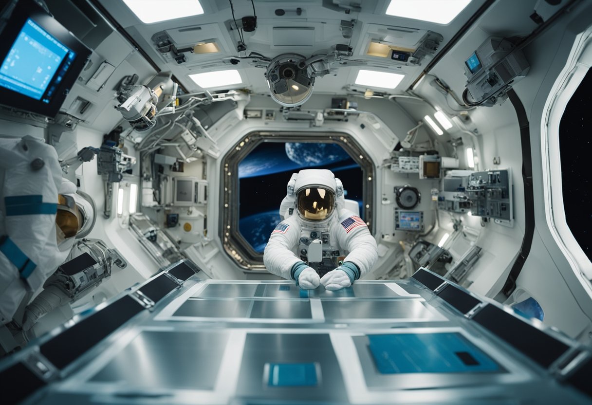 Earths Gravity: Medical supplies and equipment floating in zero gravity, astronauts in space suits preparing to follow healthcare protocols upon returning to Earth's gravity
