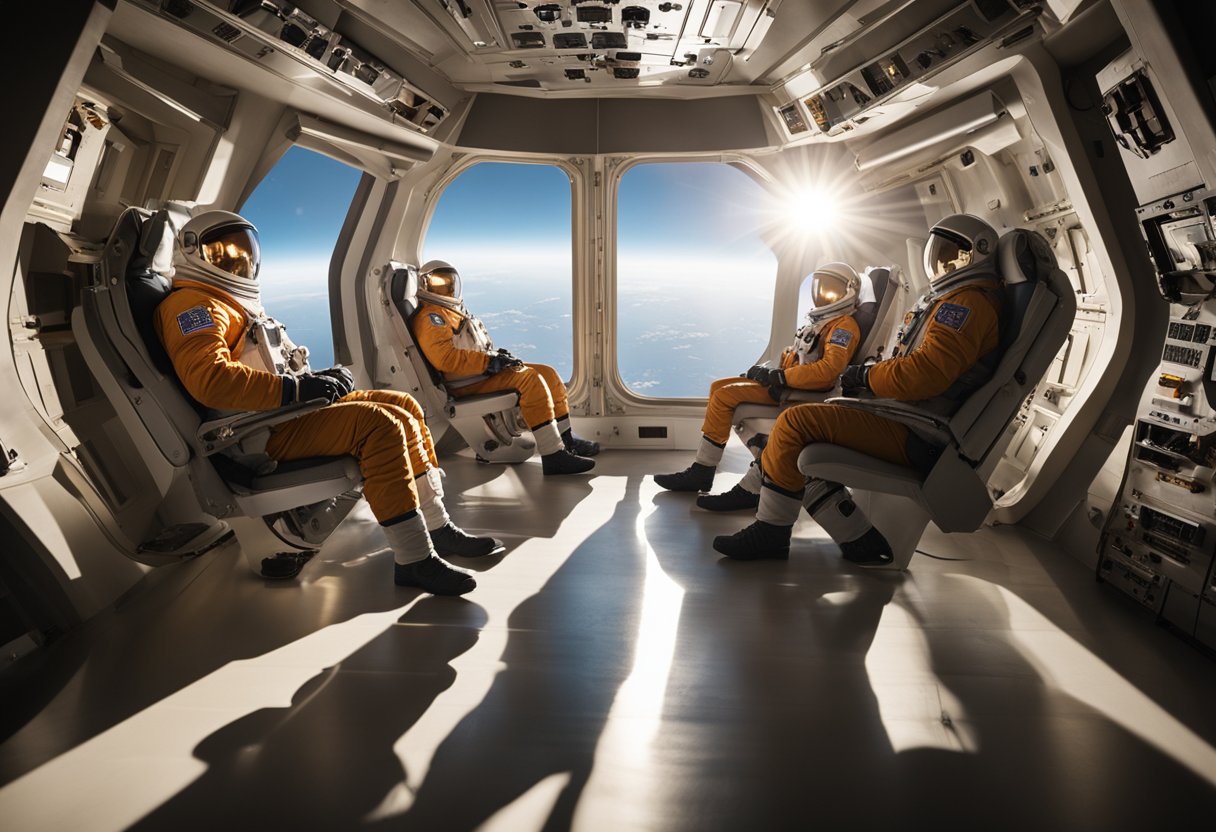 Astronauts relax in reclined chairs, sipping water and stretching their limbs. Sunlight streams through the spacecraft windows, casting long shadows on the walls