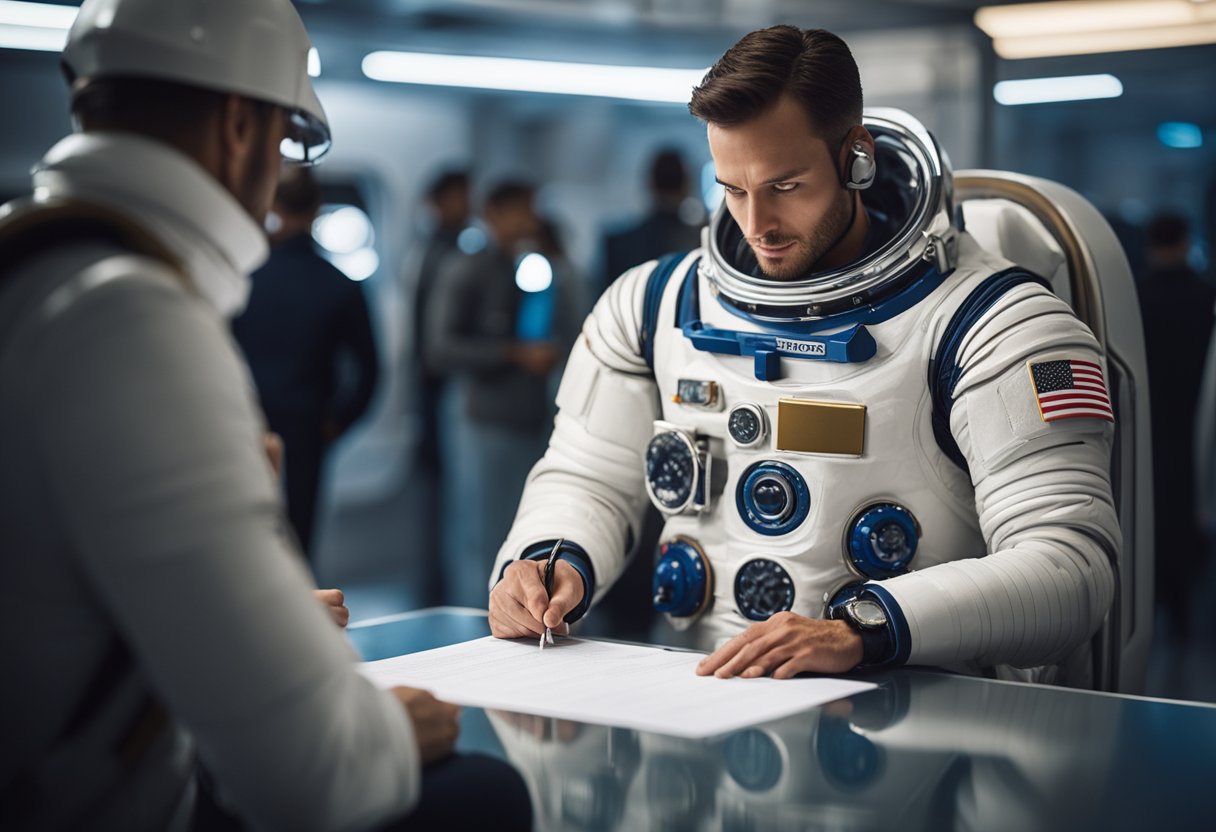 A space tourist signs a legal waiver before boarding a spacecraft, outlining their rights and responsibilities during the journey
