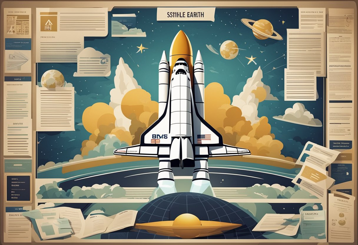 A space shuttle launching from Earth, surrounded by legal documents and risk management plans